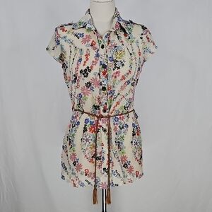 Floral Print Button Down Shirt with Belt
